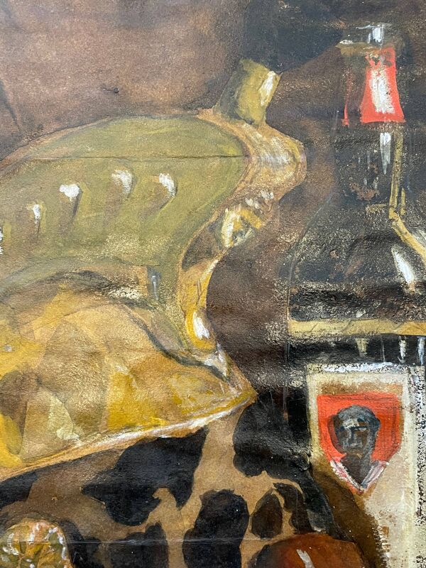 Tableau peinture ancienne nature morte à la bouteille XXe