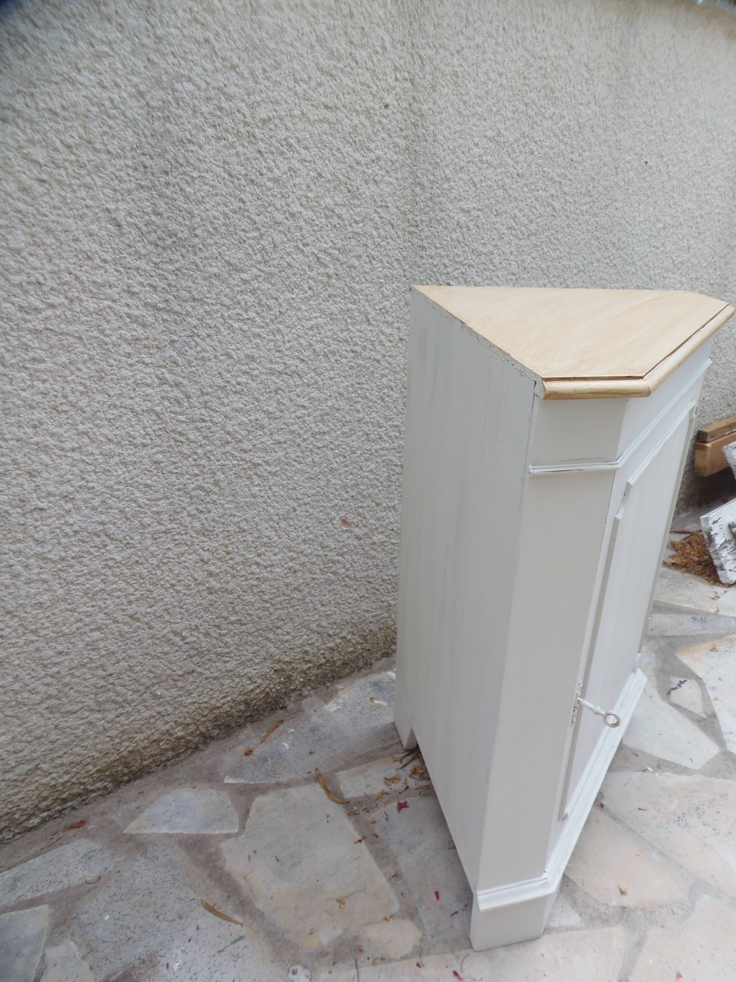 Vintage English furniture in pearl grey, wooden top.