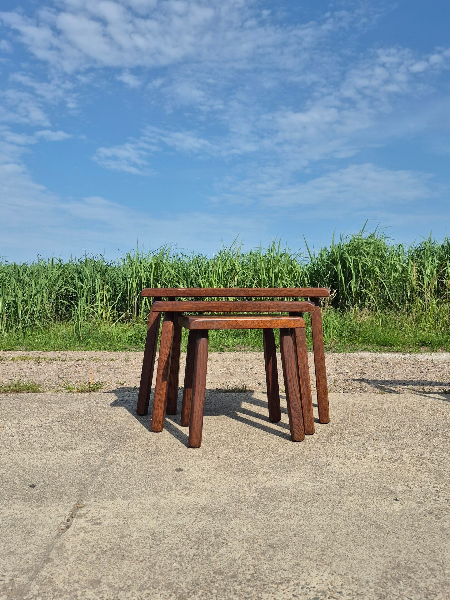 Vintage oak 3 nesting tables brutalist high legs