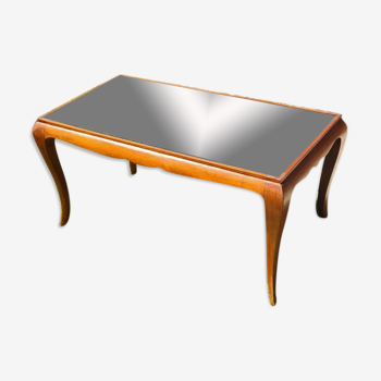 Table basse bois exotique et verre années 50