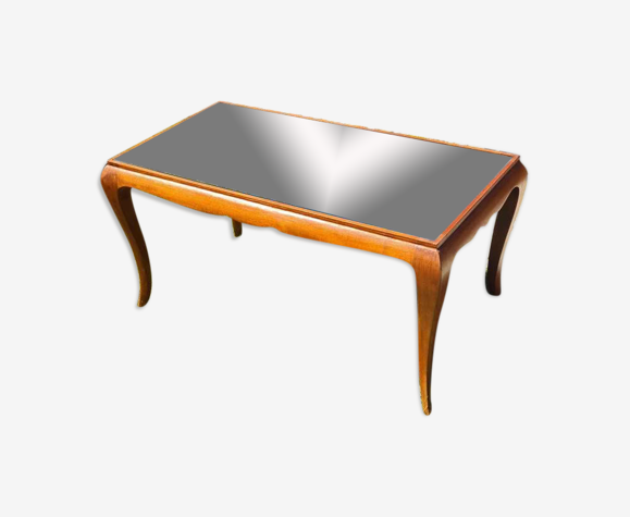 Table basse bois exotique et verre années 50