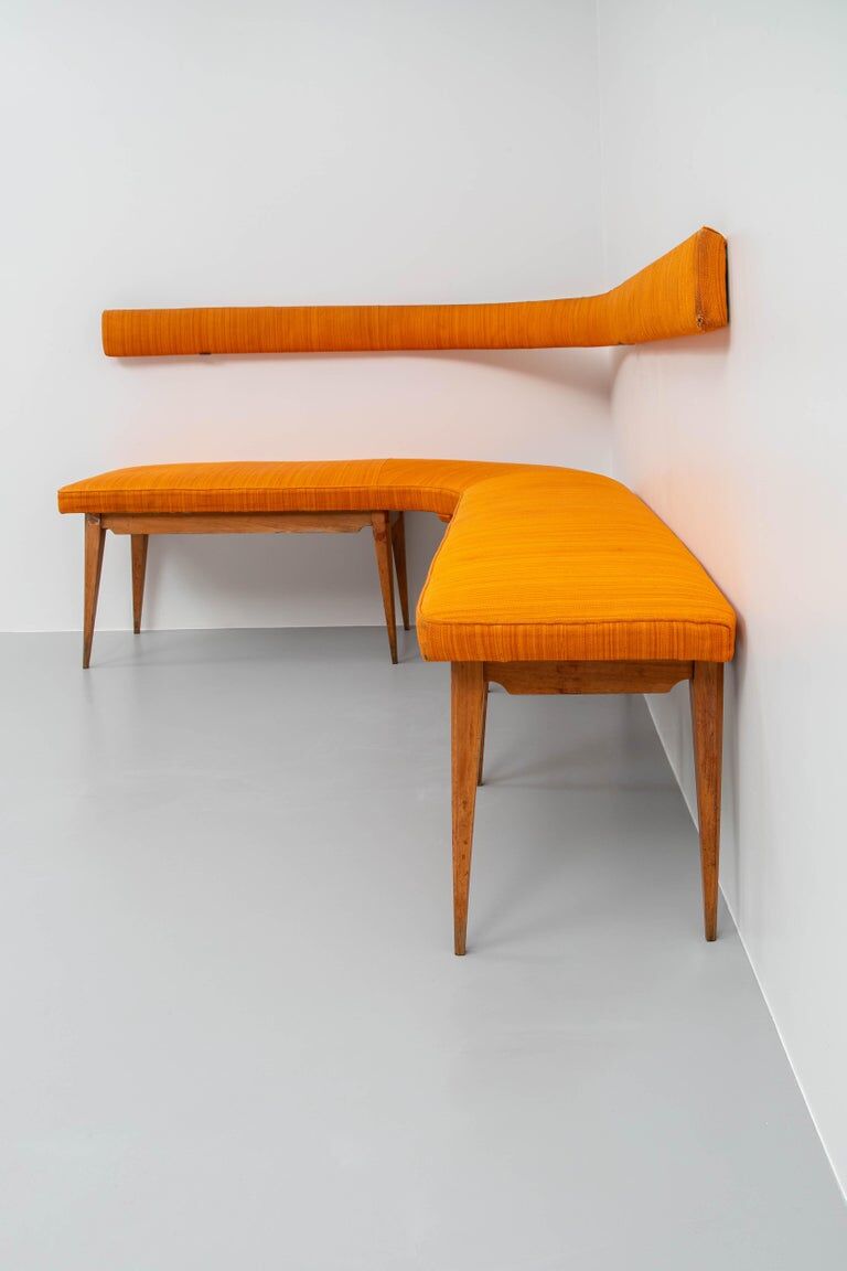 Corner sofa in blond wood and fabric Italy 1950s