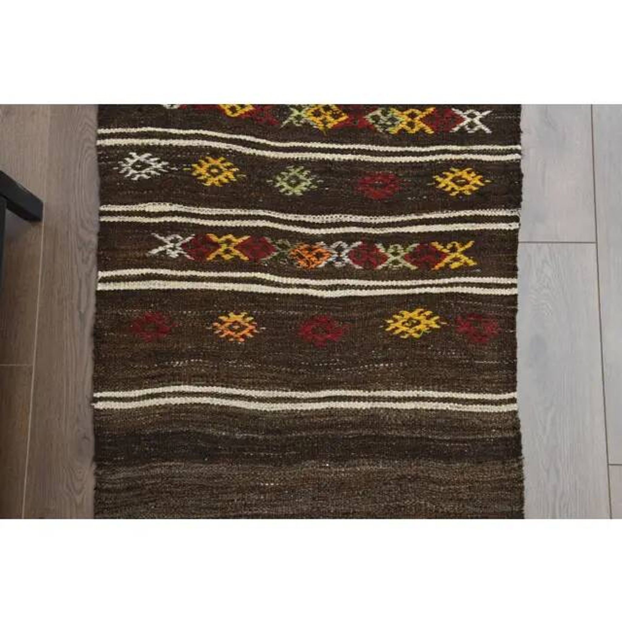1970s Vintage Turkish Oushak Handmade Wool Cotton Brown Runner Rug 73x207
