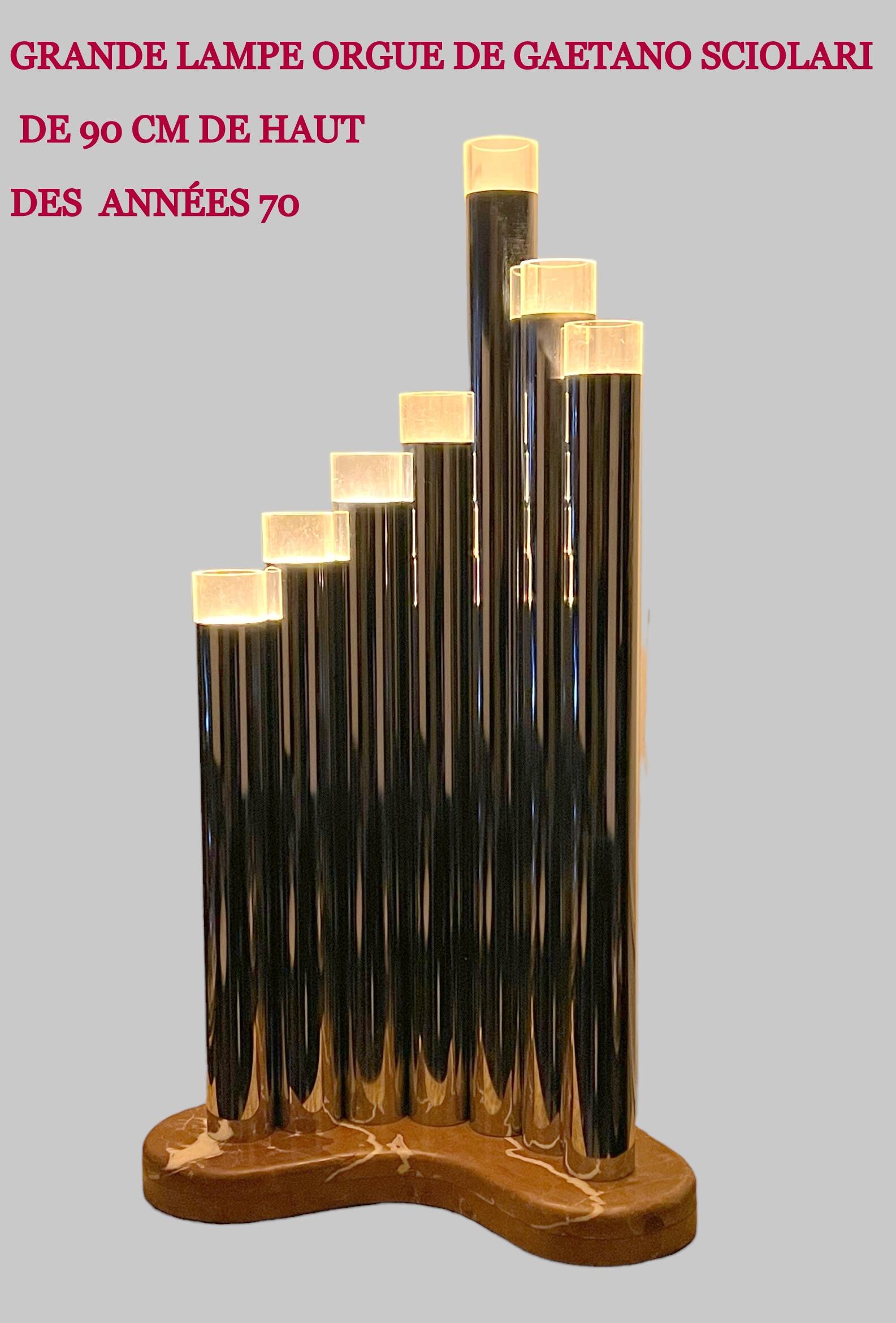 Grande lampe orgue de  sciolari des années 70 en métal chromé et marbre