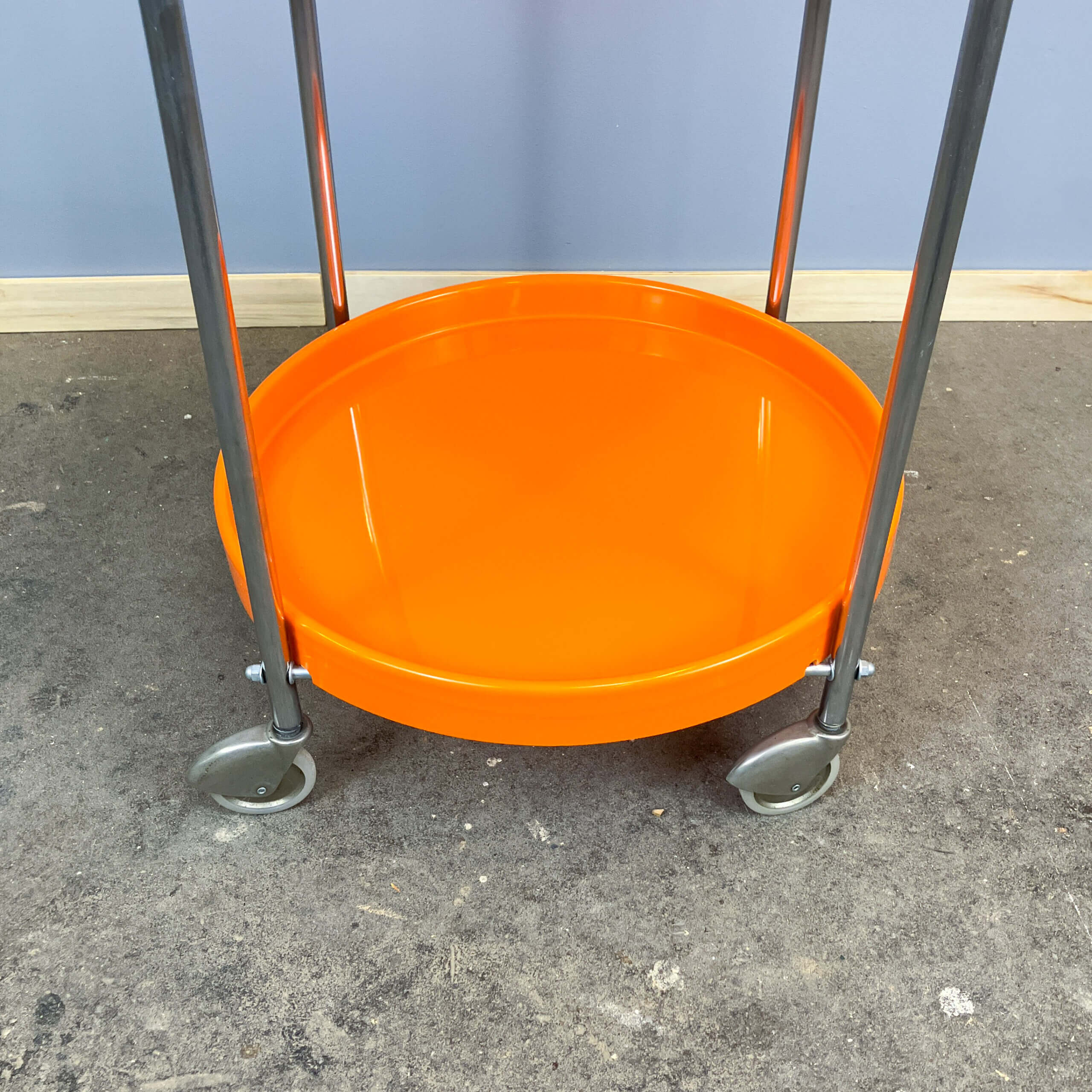 Space Age serving trolley, chrome and orange plastic trays, 1970s
