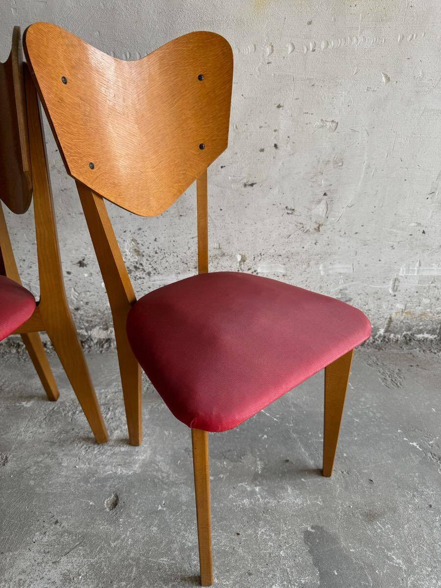 Ensemble de 6 chaises en forme de cœur de René-Jean Caillette, en bois courbé avec revêtement vert et bordeaux