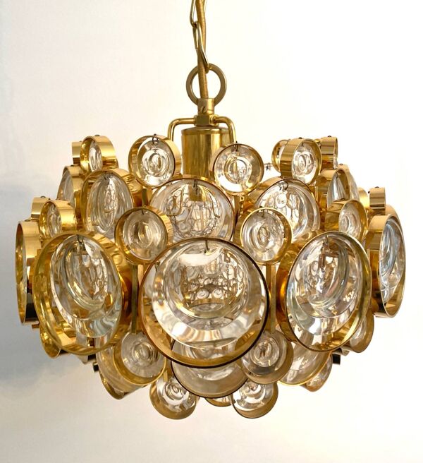 Lustre Bulle en Cristal et Laiton Doré attribué à Gaetano Sciolari pour Palwa - Allemagne, 1960