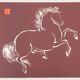 Mokuchu Urushibara : Estampe japonaise, cheval cabré (rouge), gravure sur bois signée