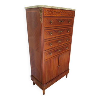 RARE-Semainier-chest of drawers-Louis XVI in mahogany-Fake secret drawer -4-Drawers-2 doors-Marble top
