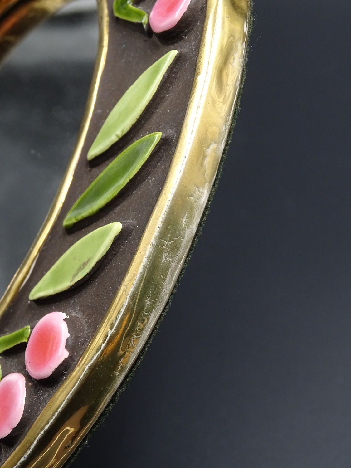 Small round mirror in earthenware- Cherry enamelled decoration - circa 1970