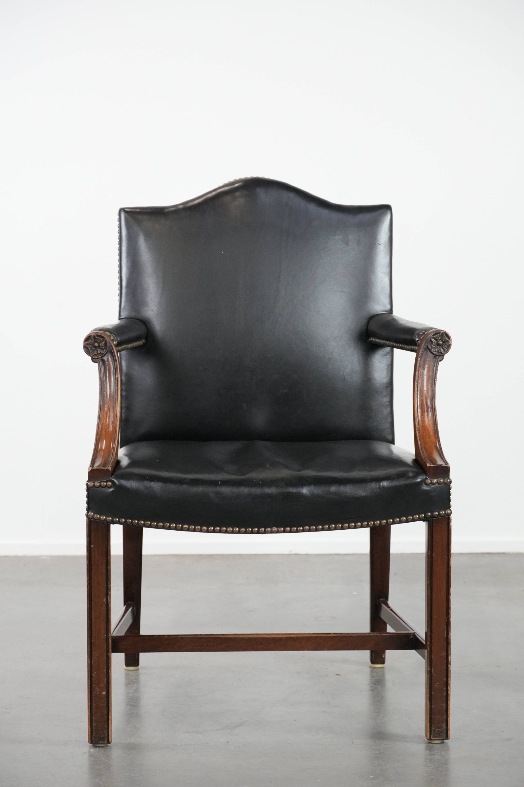 Wooden and black cow leather antique English Gainsborough side/desk/chair