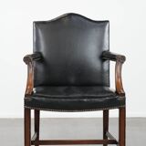 Wooden and black cow leather antique English Gainsborough side/desk/chair