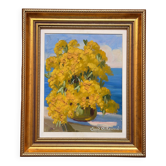 Tableau Huile Bouquet de Mimosa Bord de Mer Signé Louis Adami Cadre Doré
