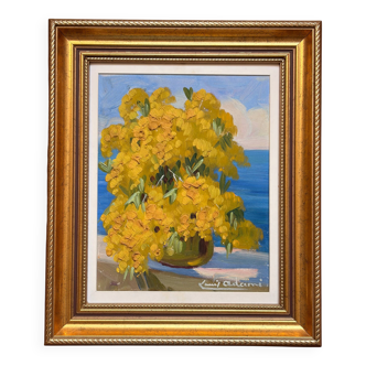 Oil Painting Bouquet of Mimosa by the Sea Signed Louis Adami Gold Frame