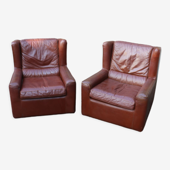 Pair of armchairs with very soft leather ears 80s