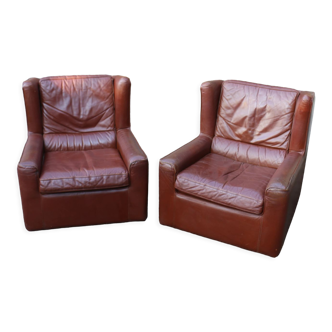Pair of armchairs with very soft leather ears 80s