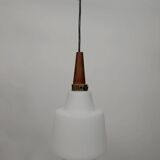Scandinavian pendant light in opaline and teak, around 1960.