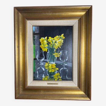 Oil on canvas signed Jordi Vall Escriu Yellow narcissus and two cups