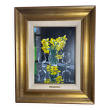 Oil on canvas signed Jordi Vall Escriu Yellow narcissus and two cups
