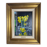 Huile sur toile signé Jordi Vall Escriu Narcisse jaune et deux coupes