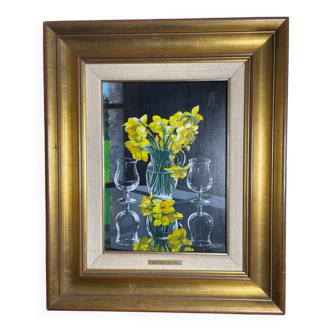 Oil on canvas signed Jordi Vall Escriu Yellow narcissus and two cups