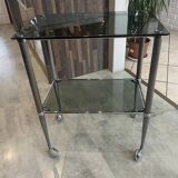 Vintage 1950s silver metal bar cart with wheels and two glass shelves