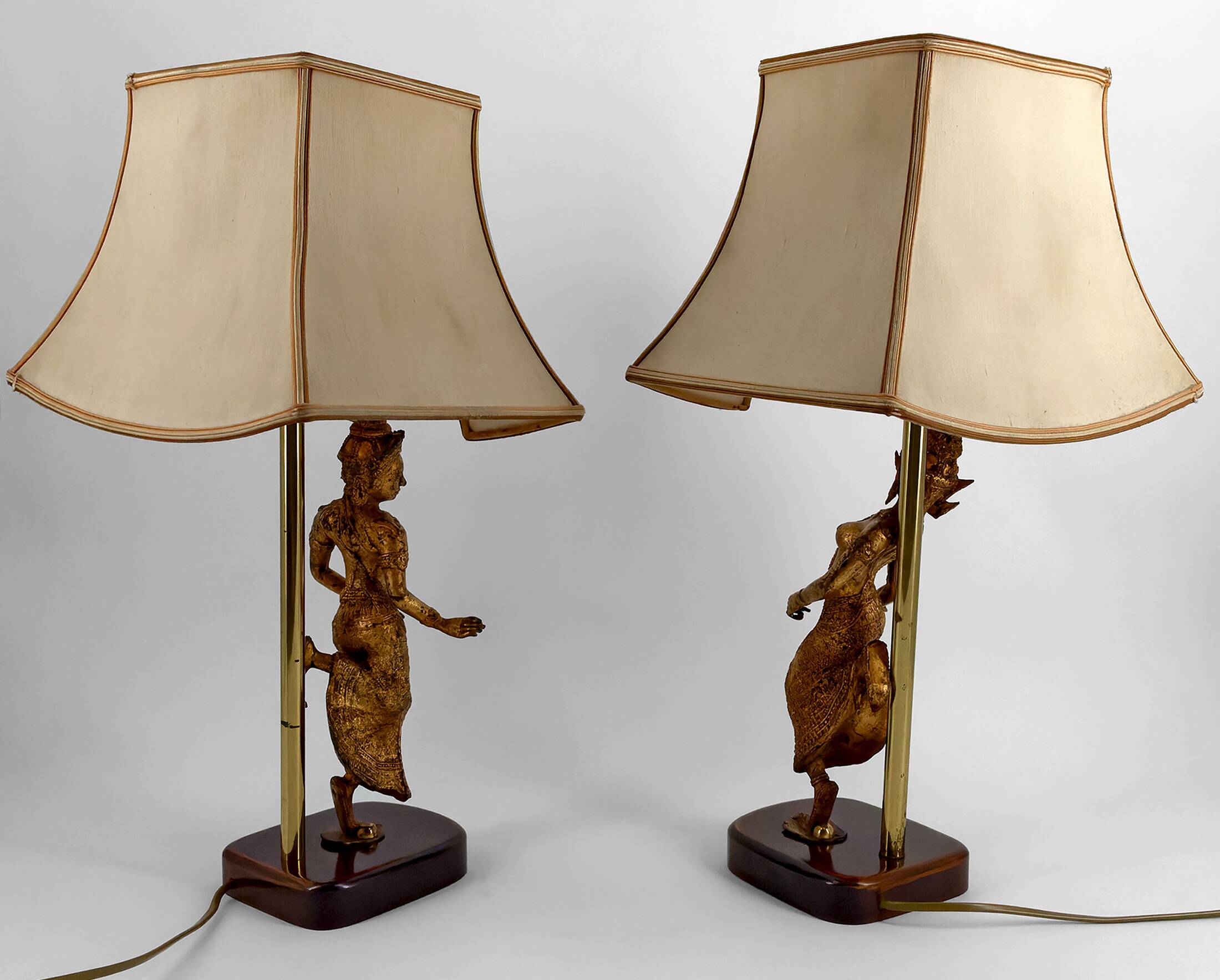 Pair of Sculptural Lamps in Gilt Bronze, Thai Dancers, 20th Century