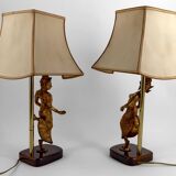 Paire de Lampes Sculpturales en Bronze Doré, Danseuses Thaïs, XXe
