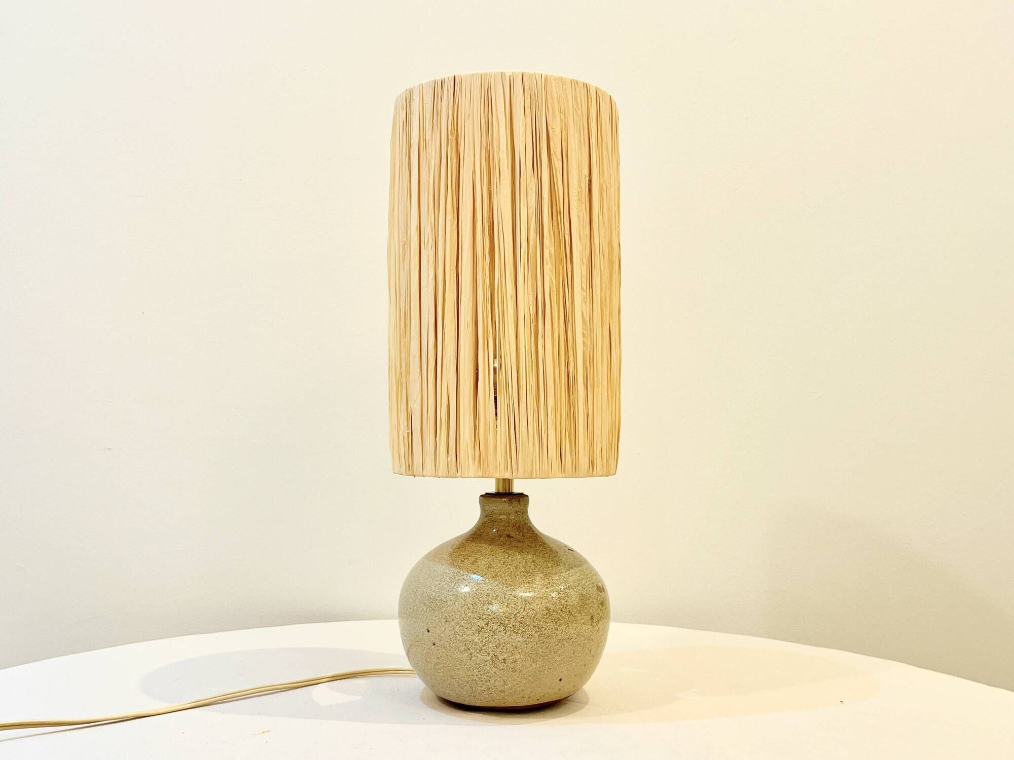Signed ball lamp in vintage beige stoneware 1970 raffia rope lampshade 70s bohemian chic