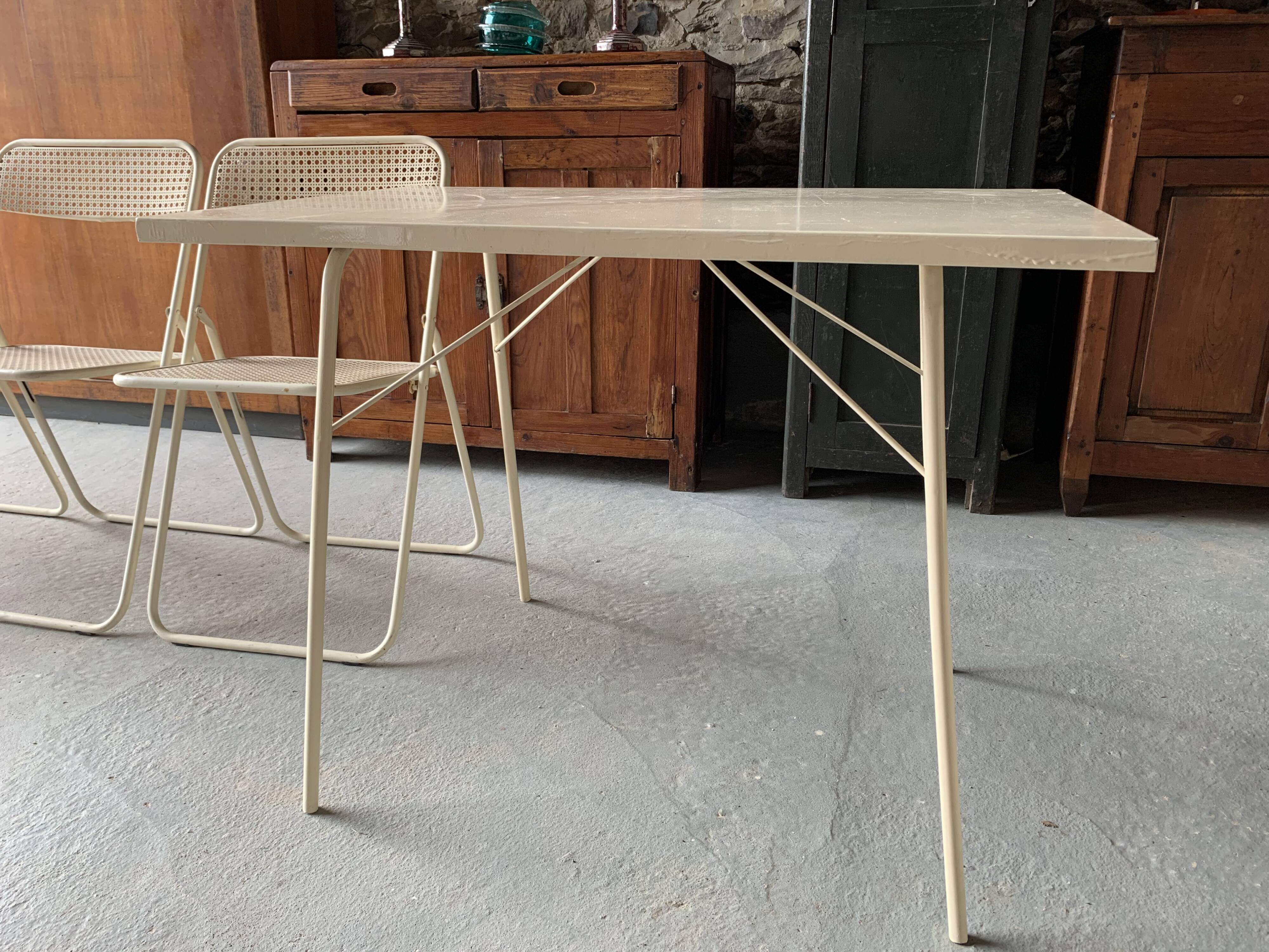 Set folding table and its 4 folding chairs perforated metal cream color - 70s