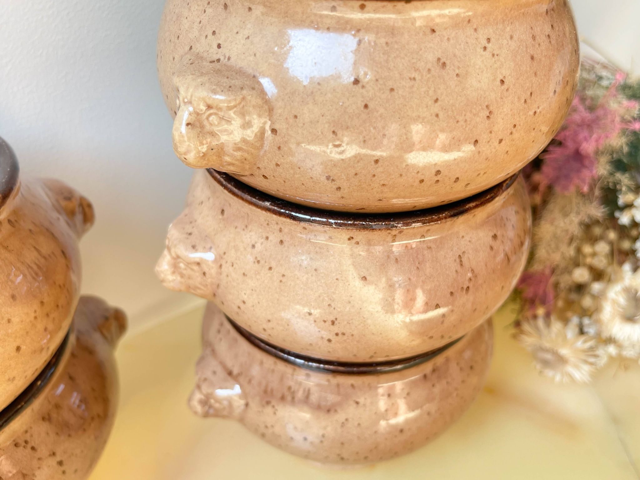 9 Vintage Emile Henry Speckled Beige Ceramic Lion Head Bowls Made in France