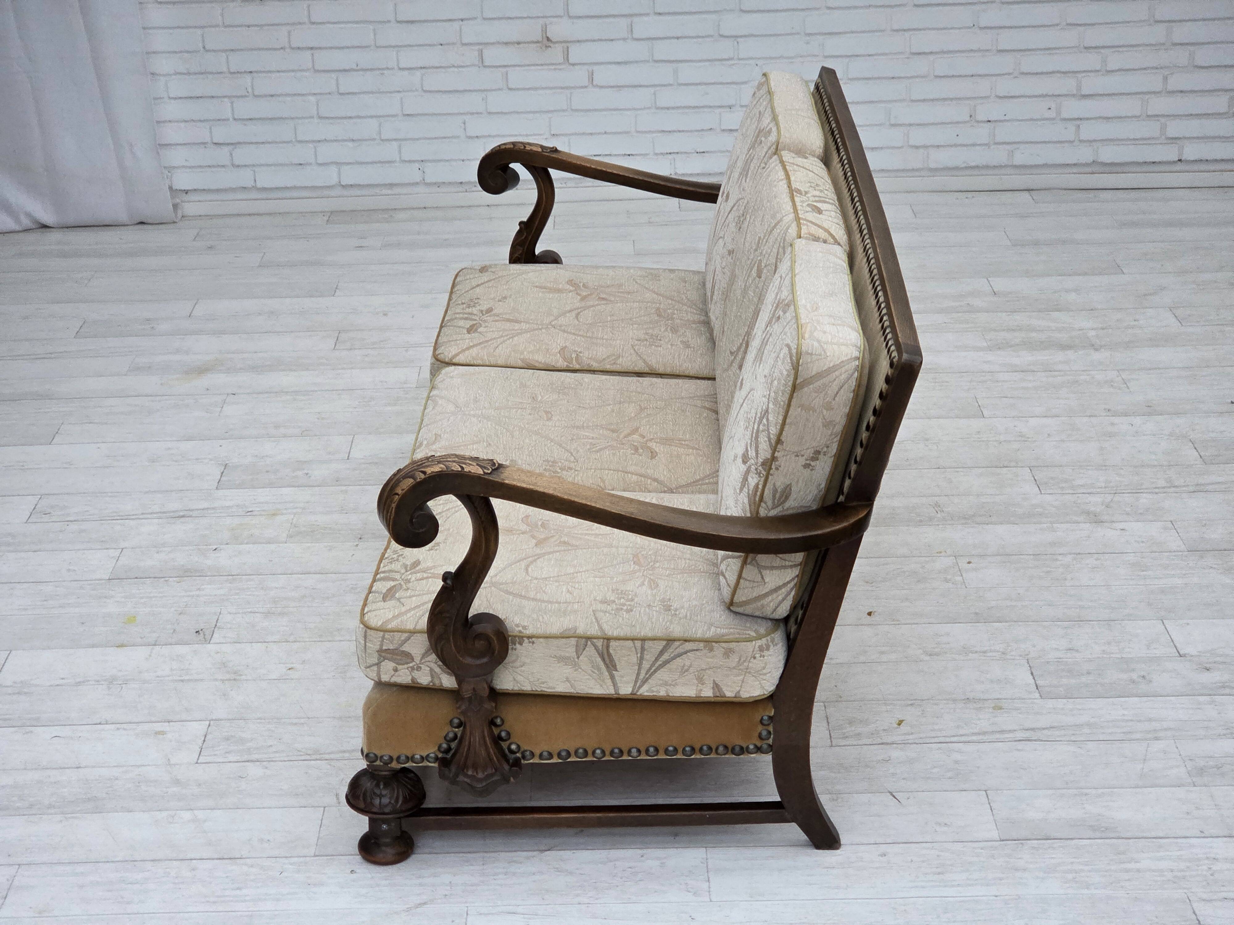 1960s, Danish 3-seater sofa, beige/brown furniture fabric, carved oak wood.