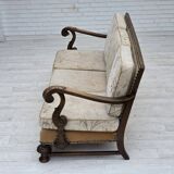 1960s, Danish 3-seater sofa, beige/brown furniture fabric, carved oak wood.