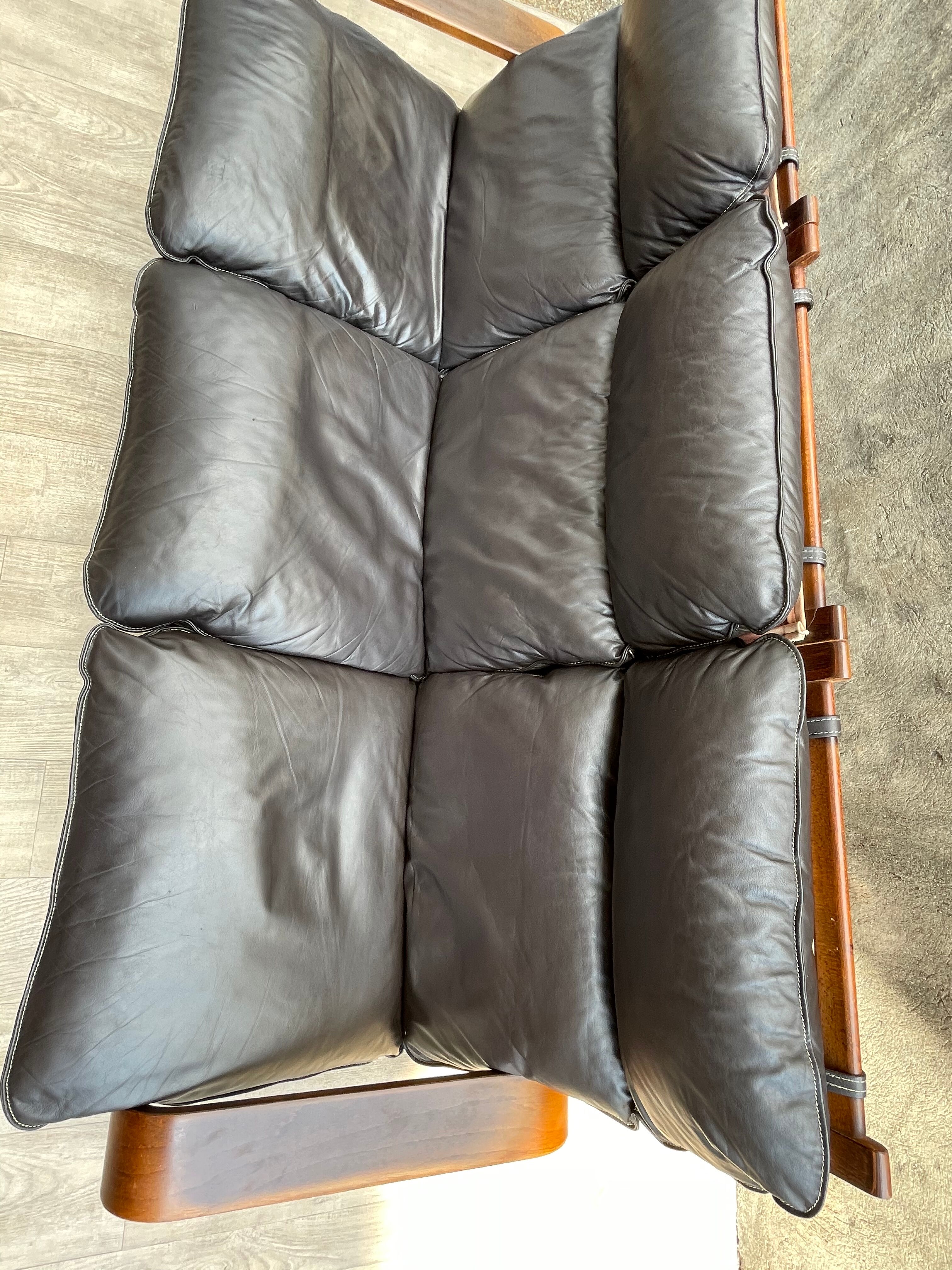 Scandinavian wooden and leather sofa, 1970s