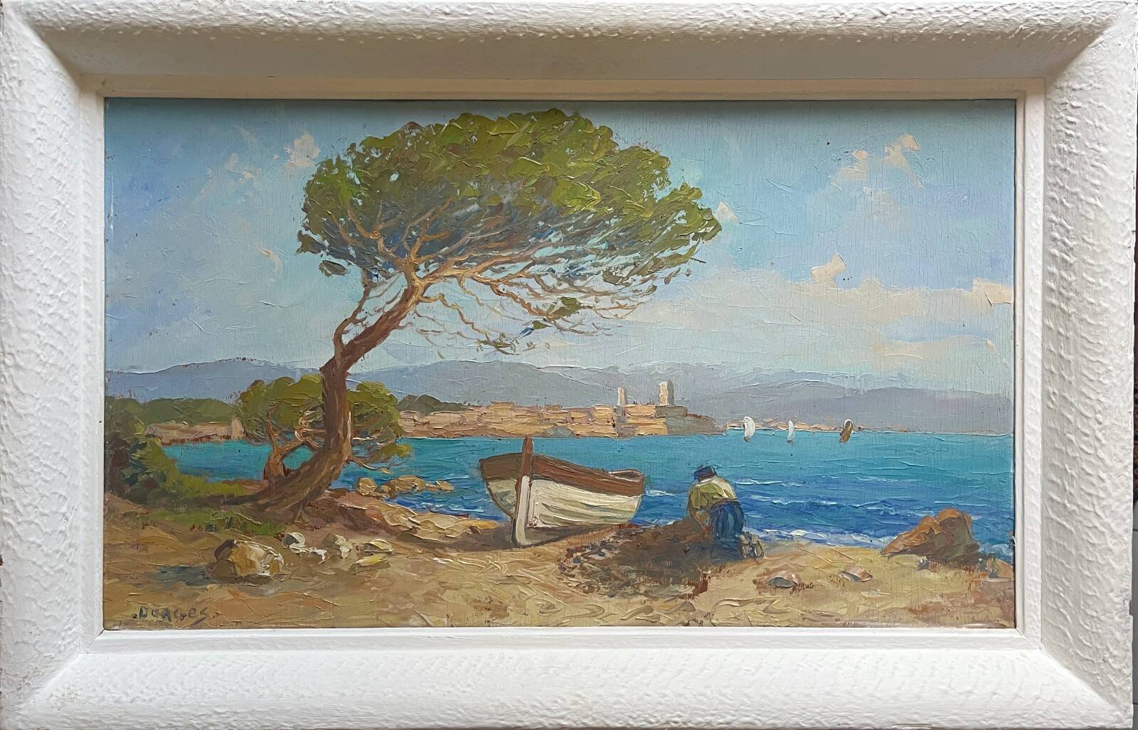 Tableau HSP "Mediterranean Sea" boat and fisherman signed Dorges