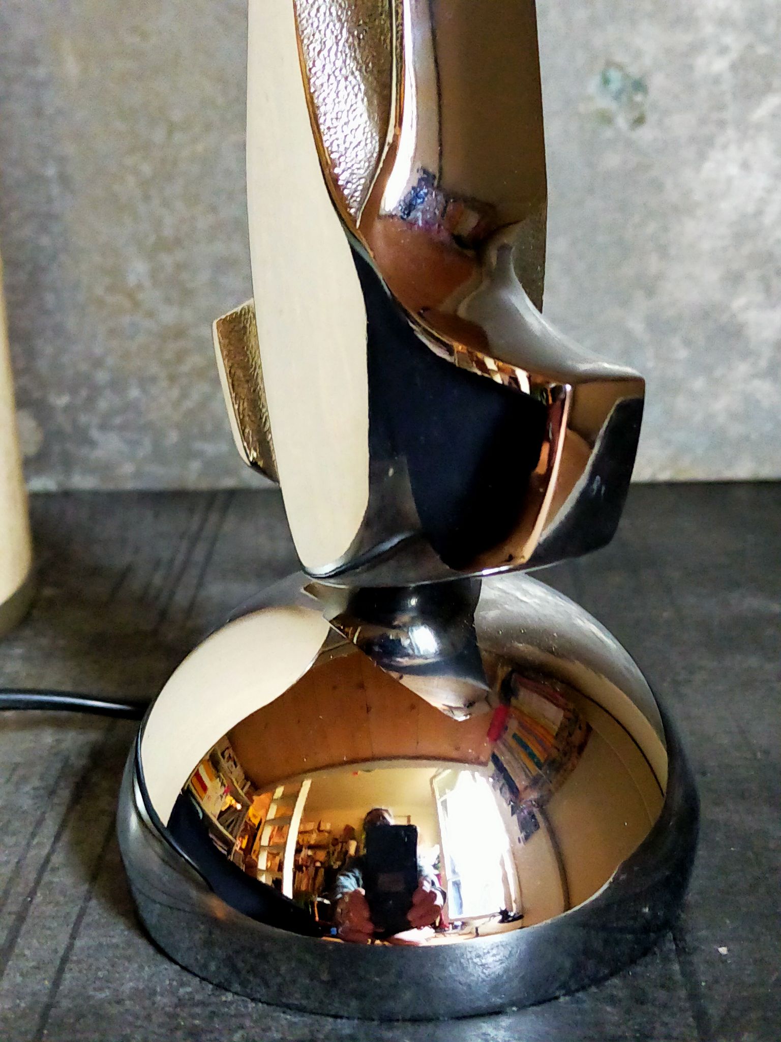 Modernist lamp chromed metal 70s, beige canvas lampshade