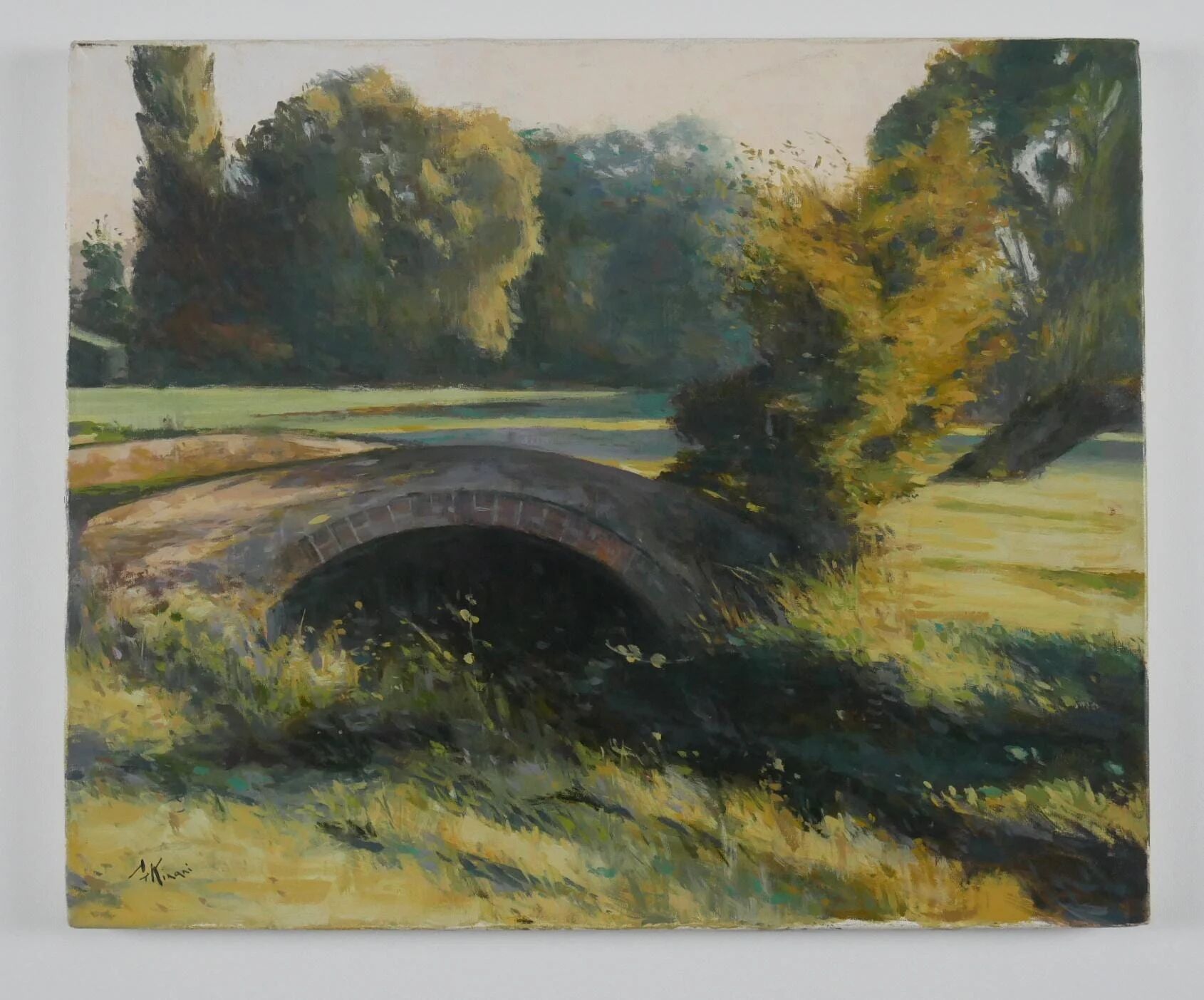 Old brick bridge in Normandy - Signed oil painting