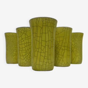 6 yellow cracked ceramic cups