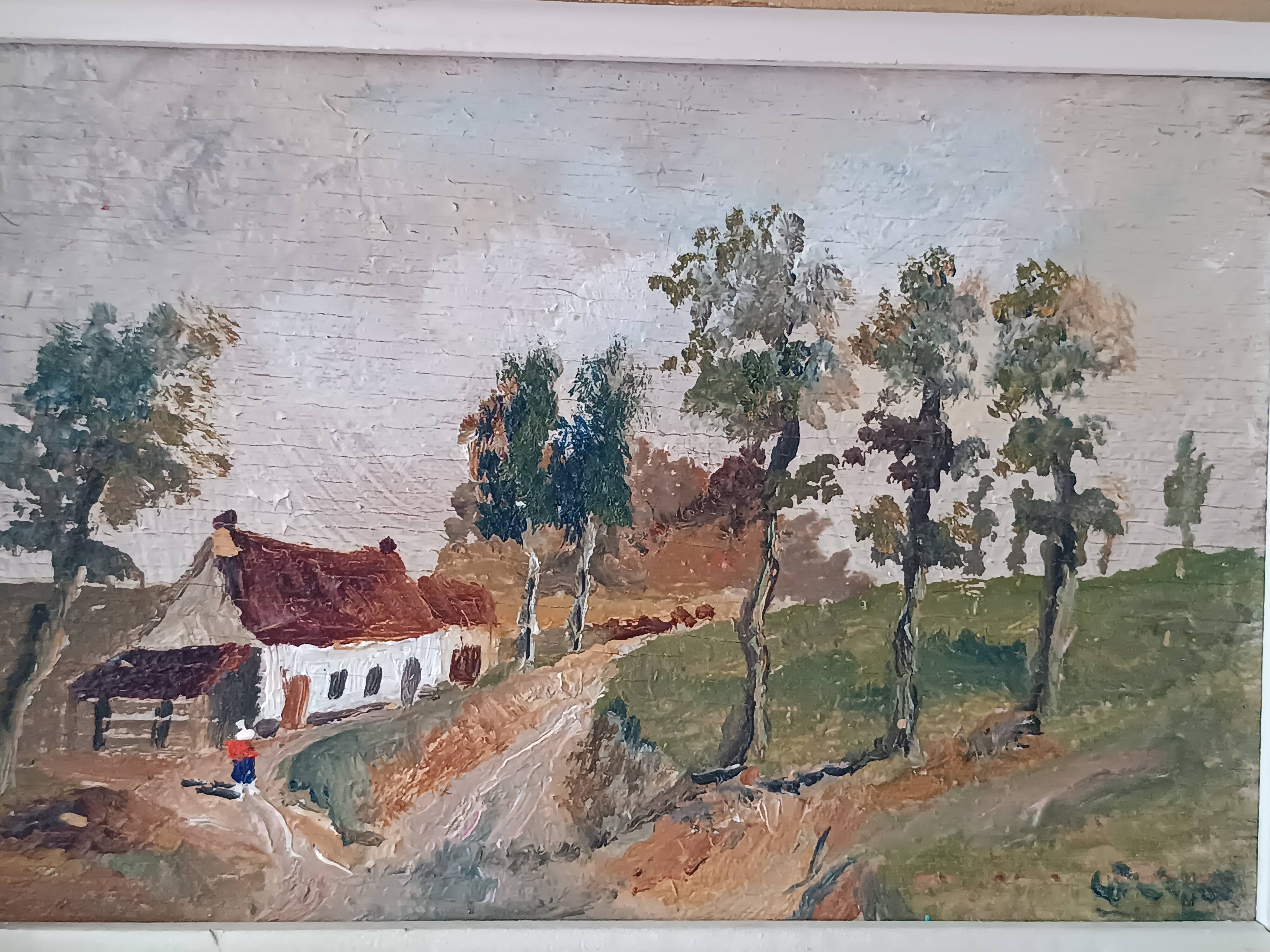 Framed oil on panel of an old countryside landscape.
