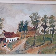 Framed oil on panel of an old countryside landscape.