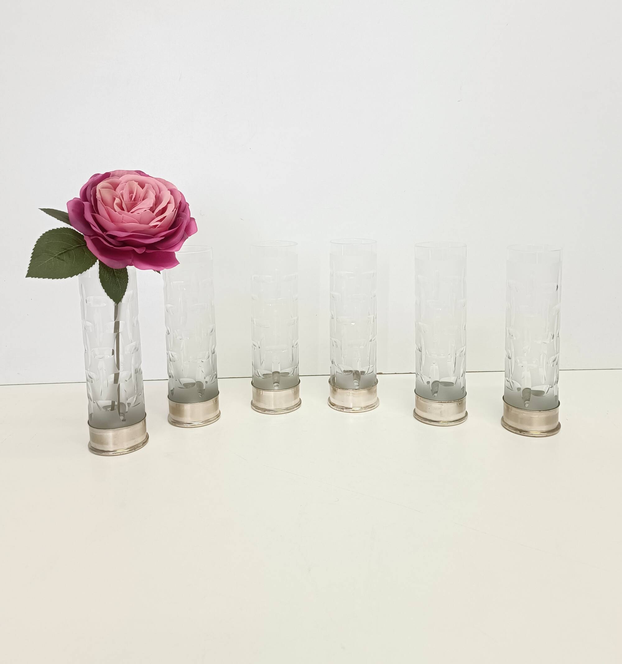 Set of Six Bohemian Ground Crystal and Silver Drinking Glasses