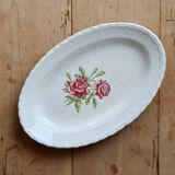 Vintage earthenware dish with rose pattern and patina