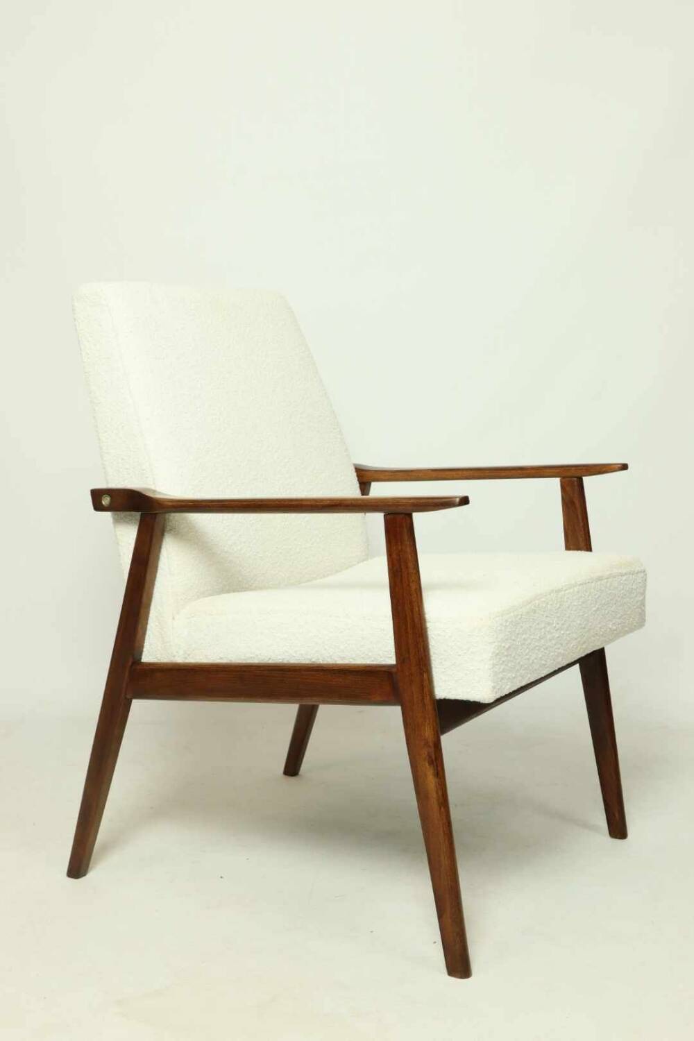 Vintage Armchair Lounge chair White Bouclette Wooden Armchair Mid Century Modern