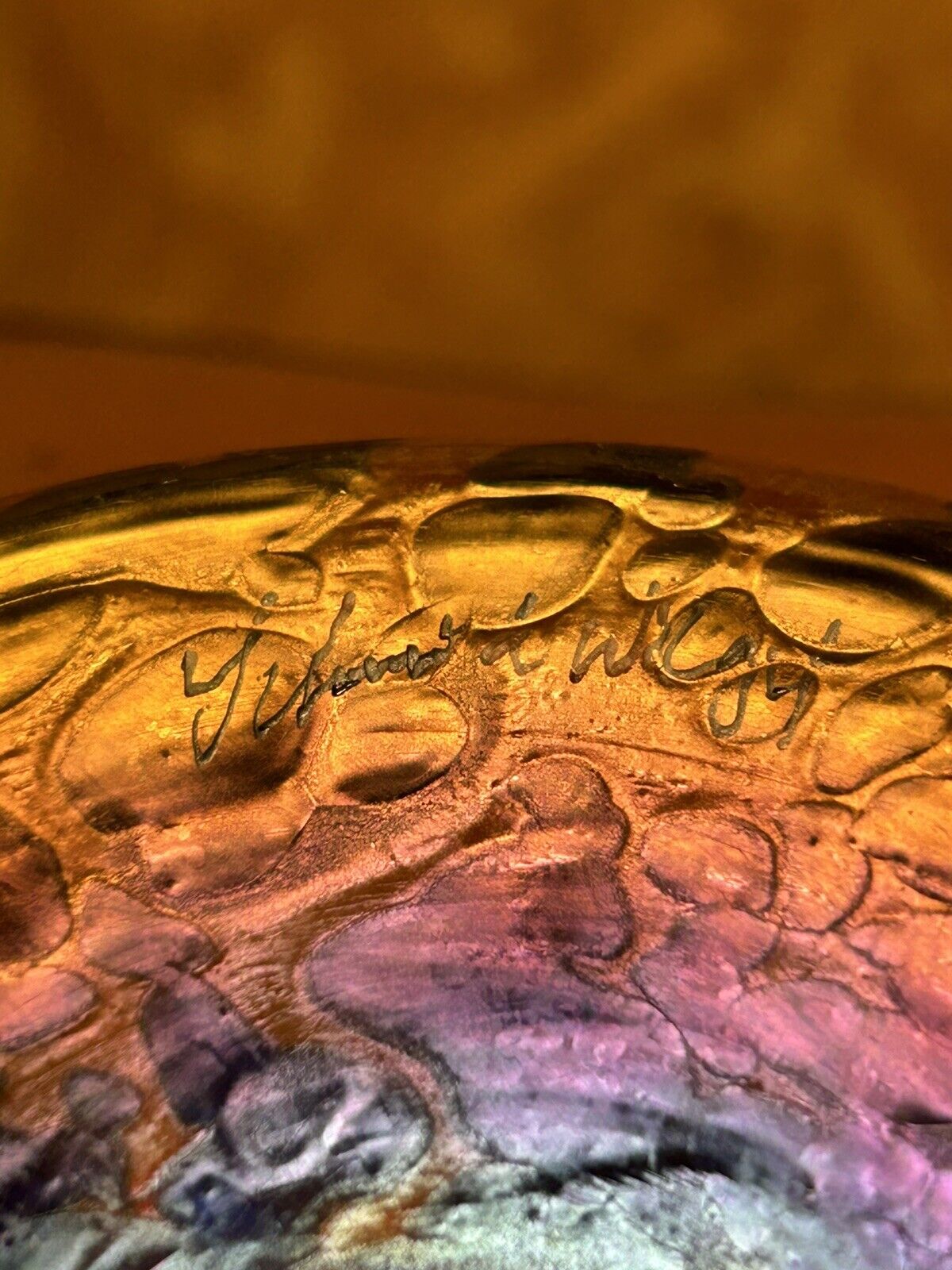 Cup, iridescent glassware, signature
