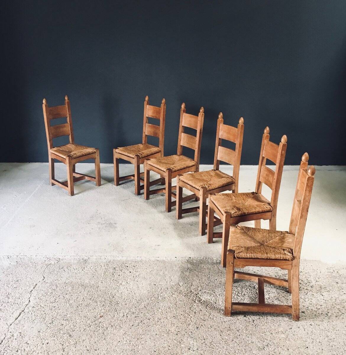 Handcrafted Oak and Rush Dining Chairs, Belgium, 1960s, Set of 6