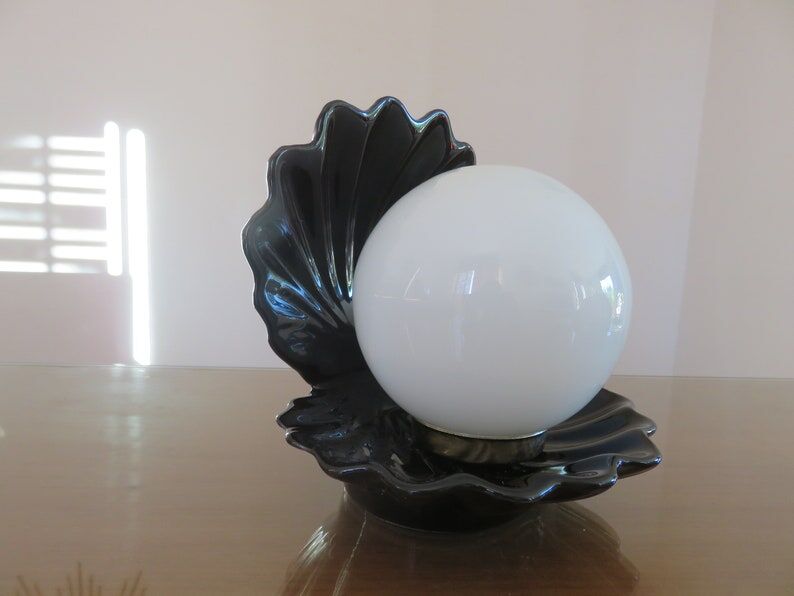 Black ceramic shell lamp and white opaline ball 1970