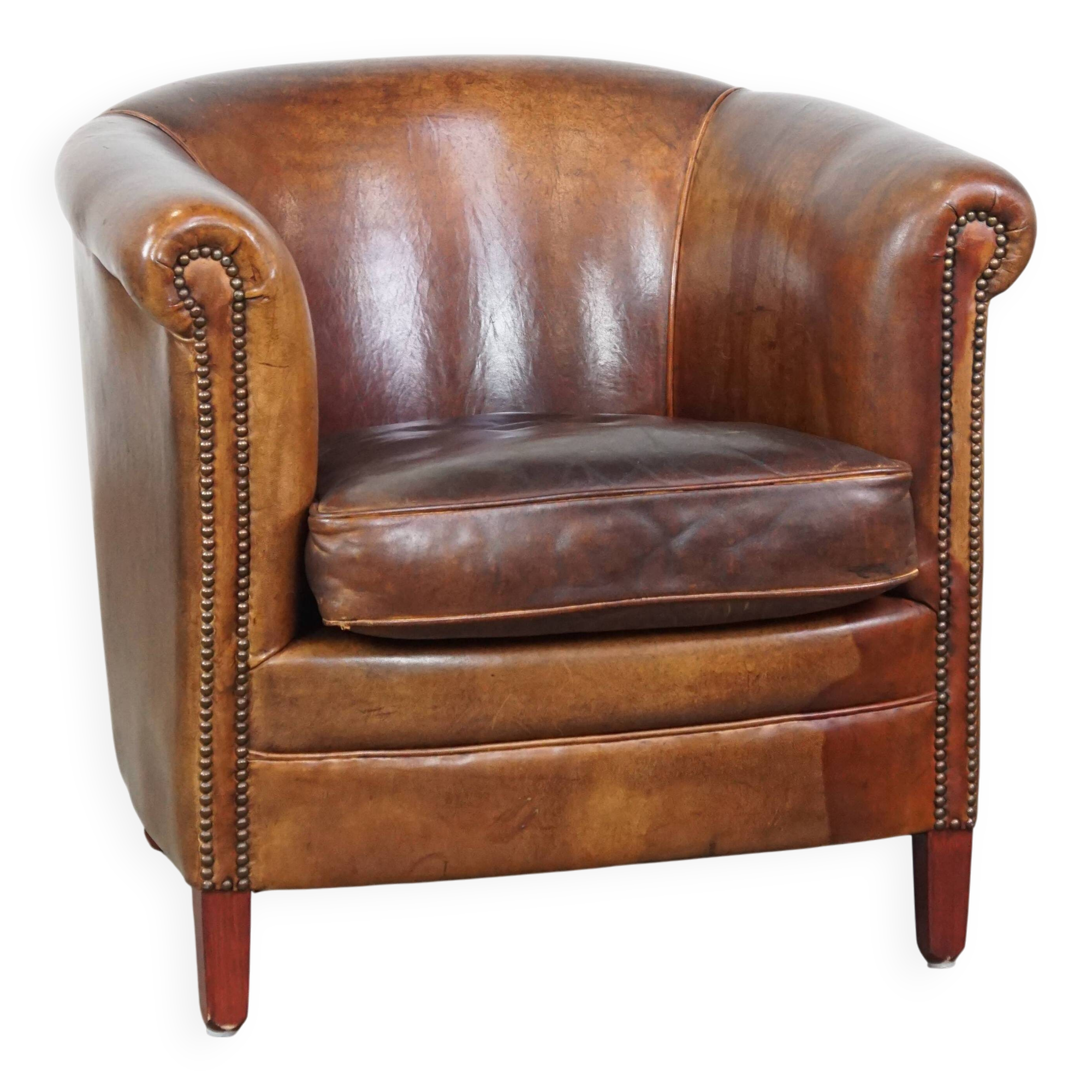 Cognac-Colored Sheepskin Leather Club Armchair