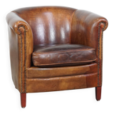 Fauteuil club en cuir de mouton couleur cognac