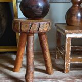 Tabouret d'appoint tripode bois massif Art-populaire vintage
