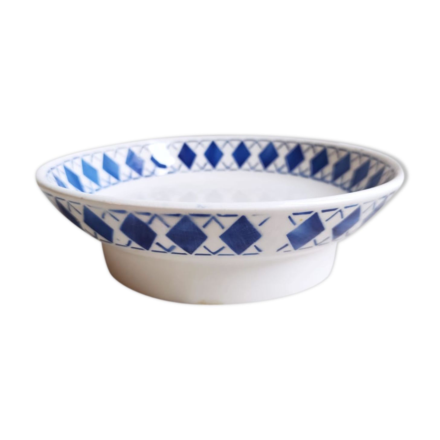Badonviller Round Foot Dishes Blue Harlequin Patterns "Marie"